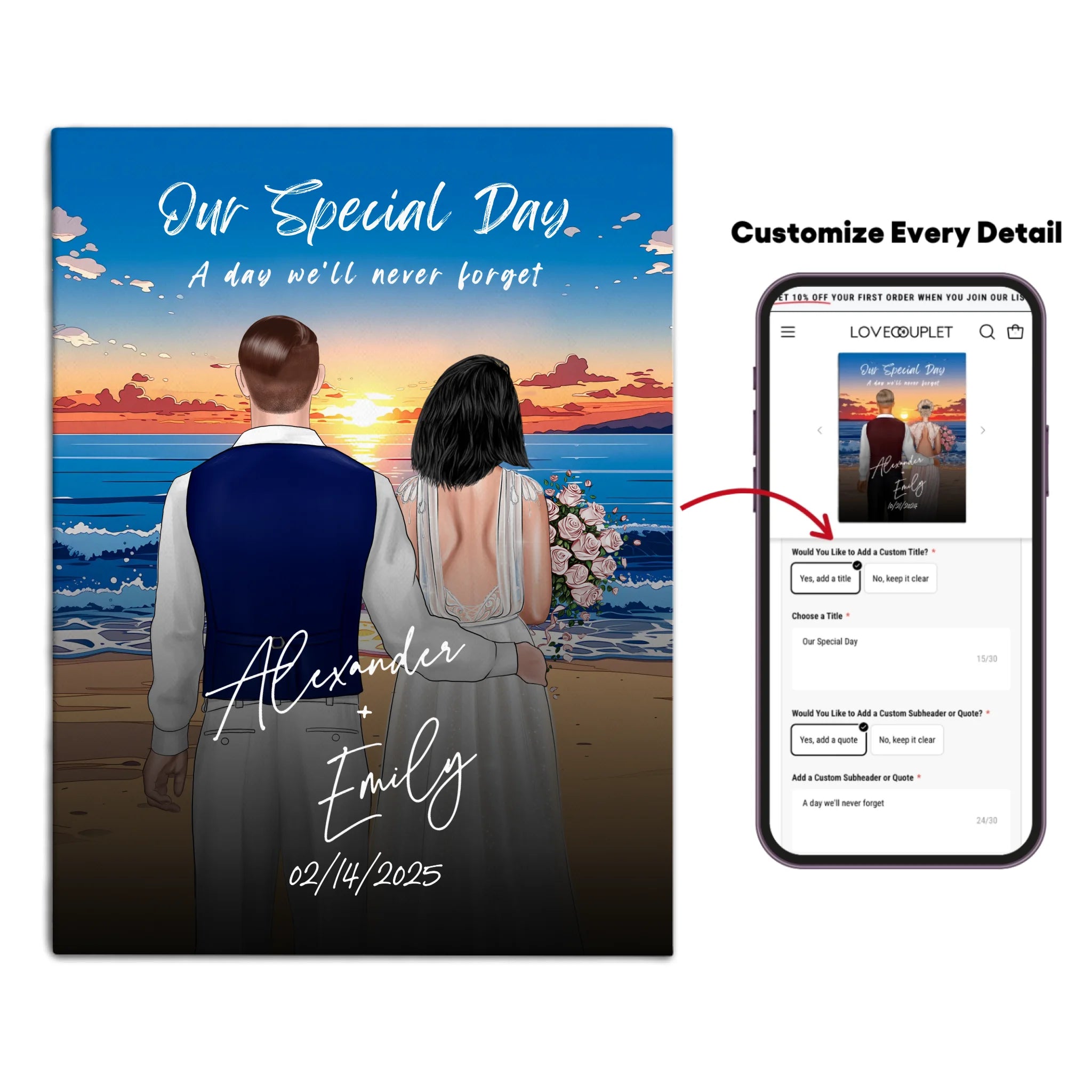 Our Special Day personalized wedding couple canvas of two people standing together on a beach at sunset, with a custom title, subtitle, handwritten names, wedding date, and personalized characters — LOVECOUPLET