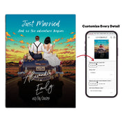The Adventure Begins personalized wedding couple canvas of two people sitting on the back of a flower-decorated vintage car at sunset, with custom names, wedding date, initials on the license plate, and personalized characters — LOVECOUPLET