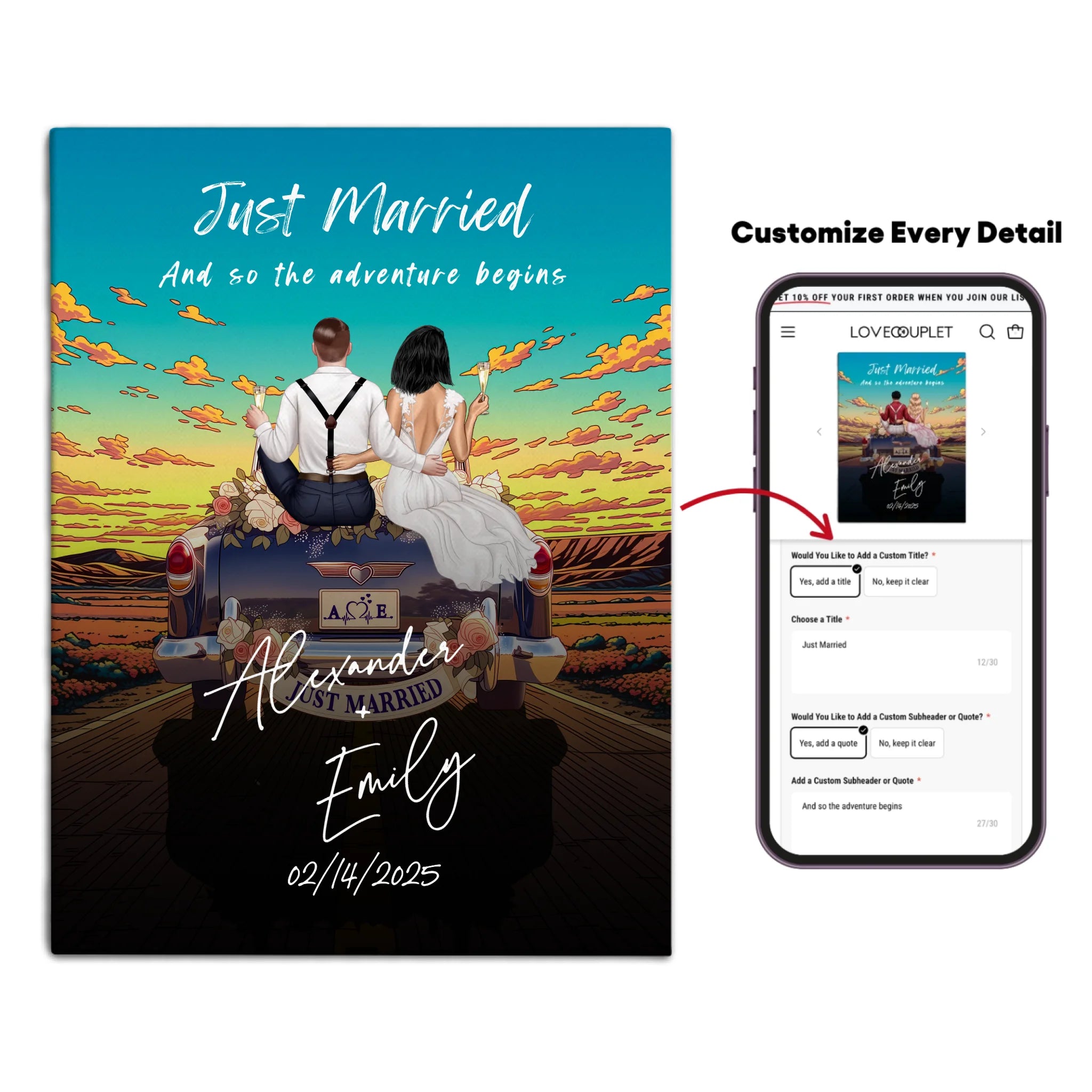 The Adventure Begins personalized wedding couple canvas of two people sitting on the back of a flower-decorated vintage car at sunset, with custom names, wedding date, initials on the license plate, and personalized characters — LOVECOUPLET