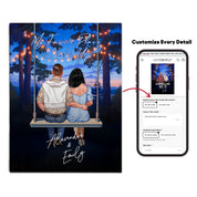 My Favorite Place personalized couple canvas of two people sitting together on a swing under string lights at night, with a custom romantic quote above them and handwritten names displayed below — LOVECOUPLET
