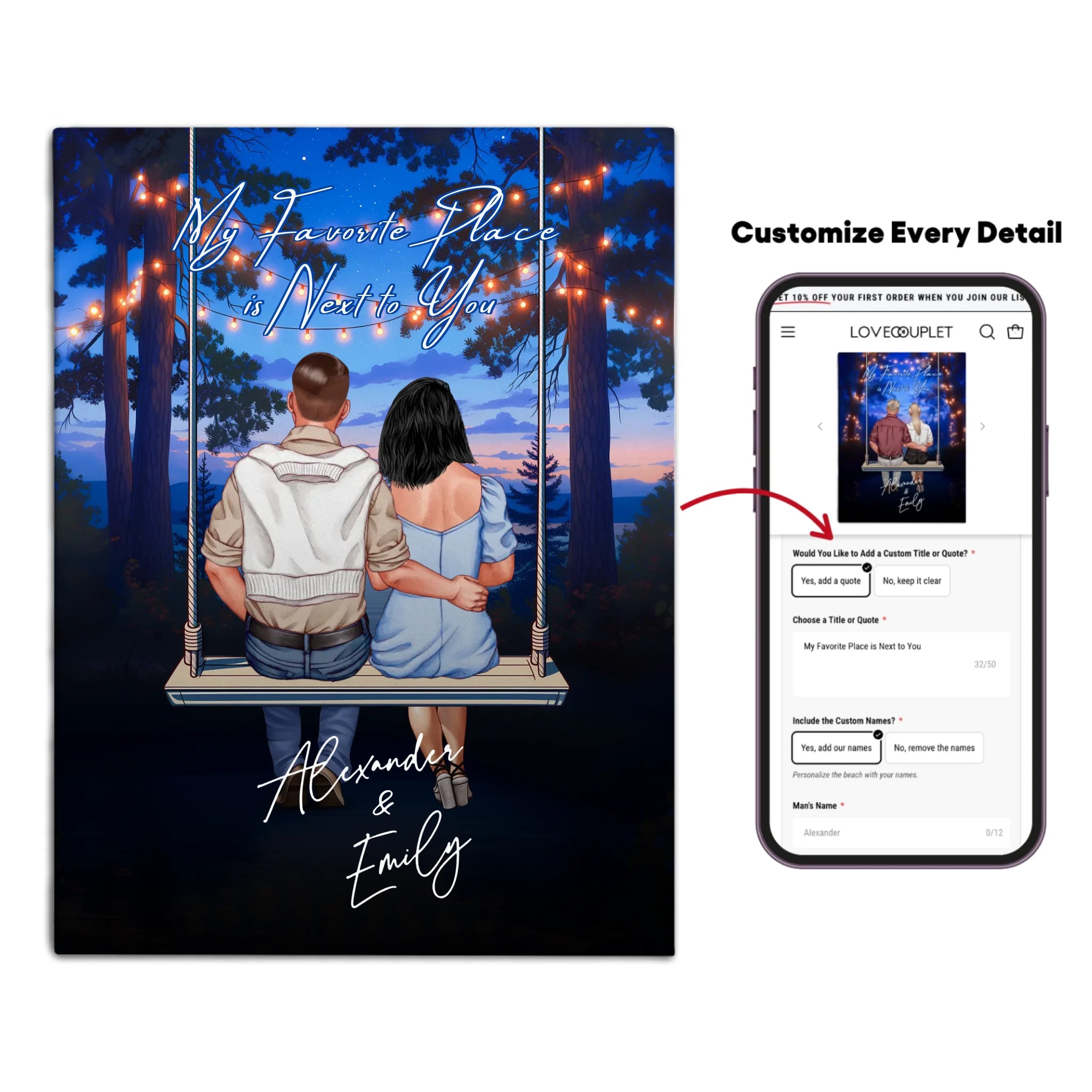 My Favorite Place personalized couple canvas of two people sitting together on a swing under string lights at night, with a custom romantic quote above them and handwritten names displayed below — LOVECOUPLET