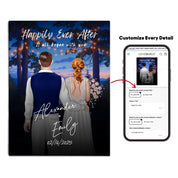 Happily Ever After personalized wedding couple canvas of two people standing together under glowing string lights at night, with a custom title, subtitle, handwritten names, wedding date, and personalized characters — LOVECOUPLET
