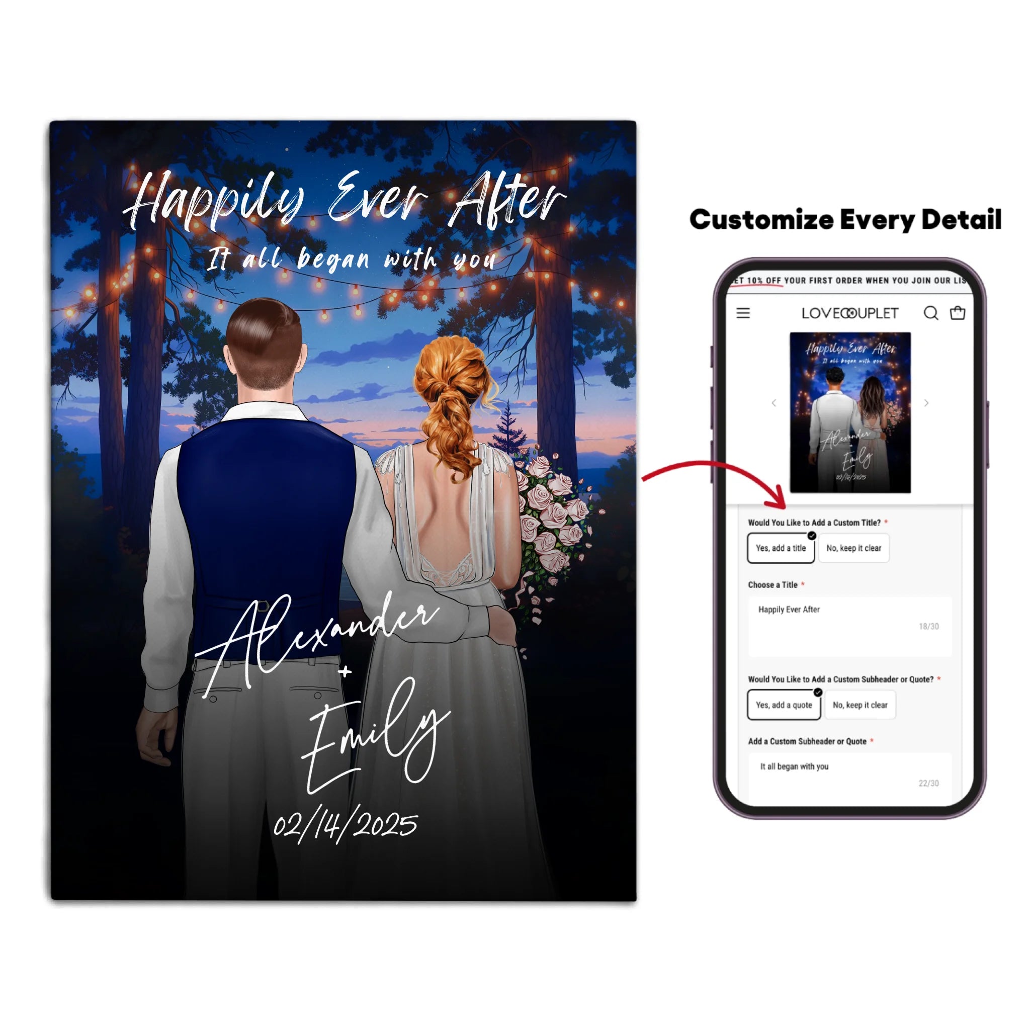 Happily Ever After personalized wedding couple canvas of two people standing together under glowing string lights at night, with a custom title, subtitle, handwritten names, wedding date, and personalized characters — LOVECOUPLET