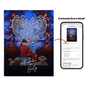 Our Song Under the Stars personalized couple canvas of two people sitting together by the water at night under glowing string lights, with custom lyrics shaped into a heart above them and handwritten names displayed at the bottom — LOVECOUPLET