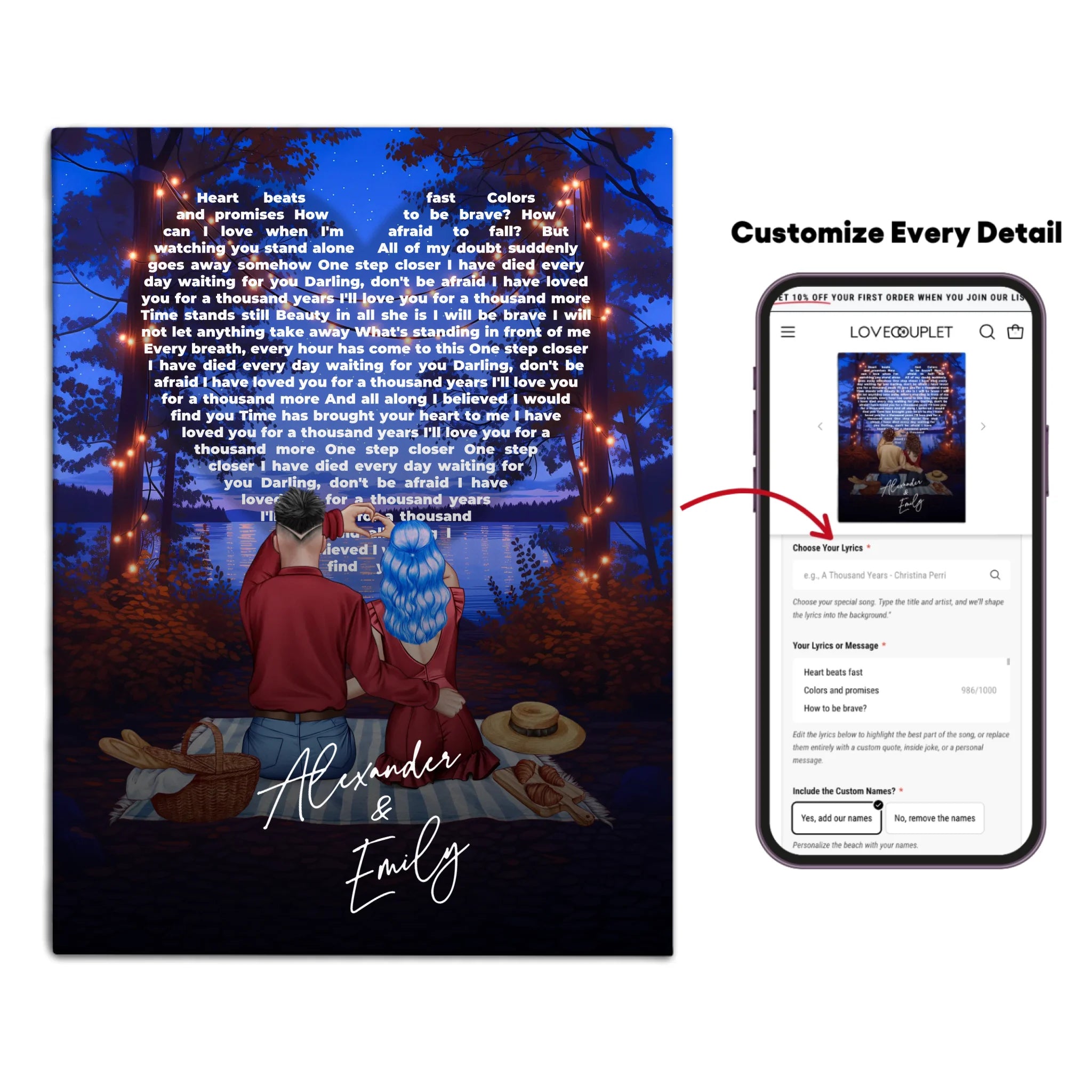 Our Song Under the Stars personalized couple canvas of two people sitting together by the water at night under glowing string lights, with custom lyrics shaped into a heart above them and handwritten names displayed at the bottom — LOVECOUPLET