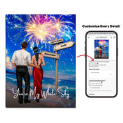 You’re My Whole Sky personalized couple canvas of two people standing together on a beach under fireworks, with a custom quote, names and date on a wooden signpost, and personalized characters — LOVECOUPLET