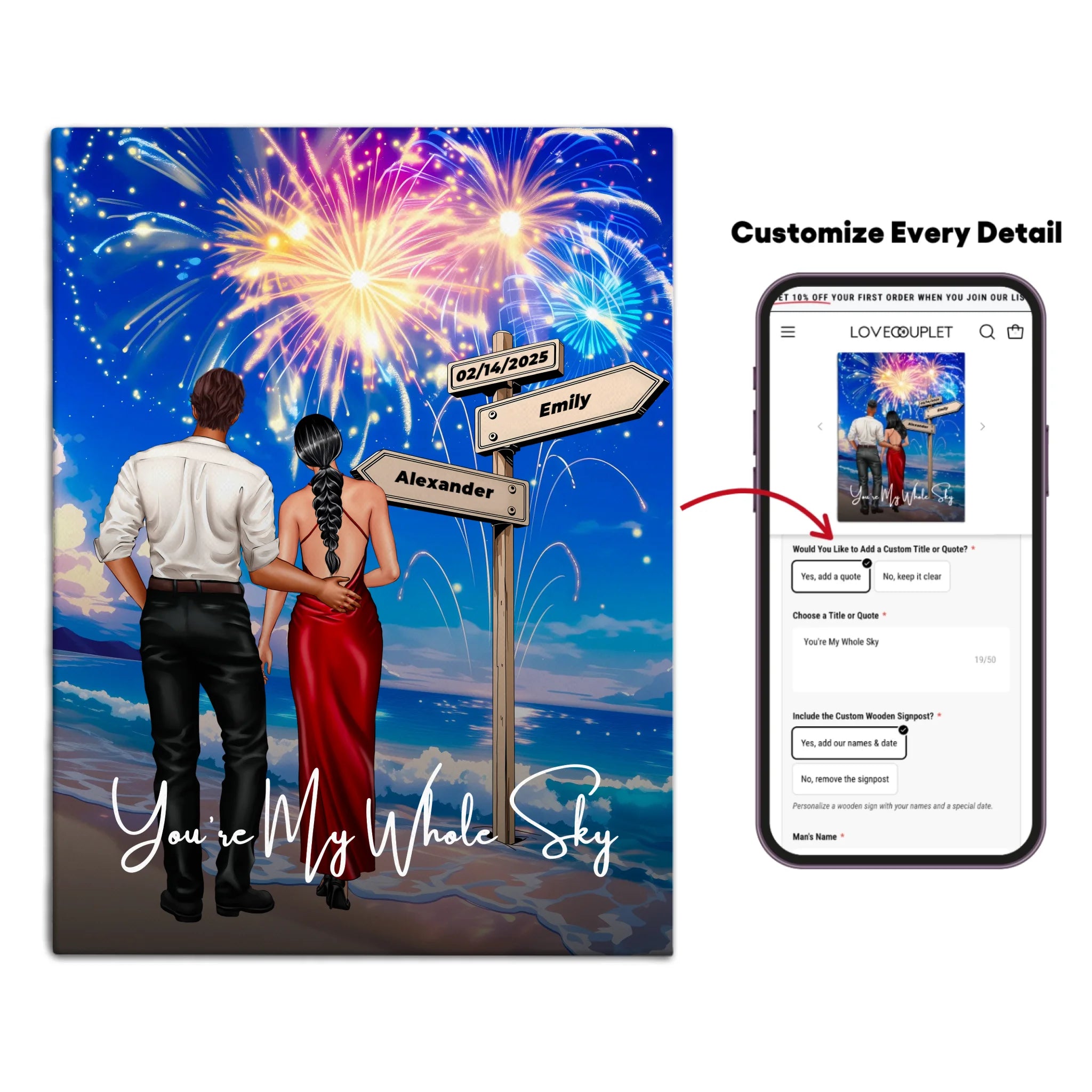 You’re My Whole Sky personalized couple canvas of two people standing together on a beach under fireworks, with a custom quote, names and date on a wooden signpost, and personalized characters — LOVECOUPLET