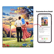 Where Our Story Began personalized couple canvas of two people standing together at sunset with a custom title above them, names and date on a wooden signpost, and personalized characters — LOVECOUPLET