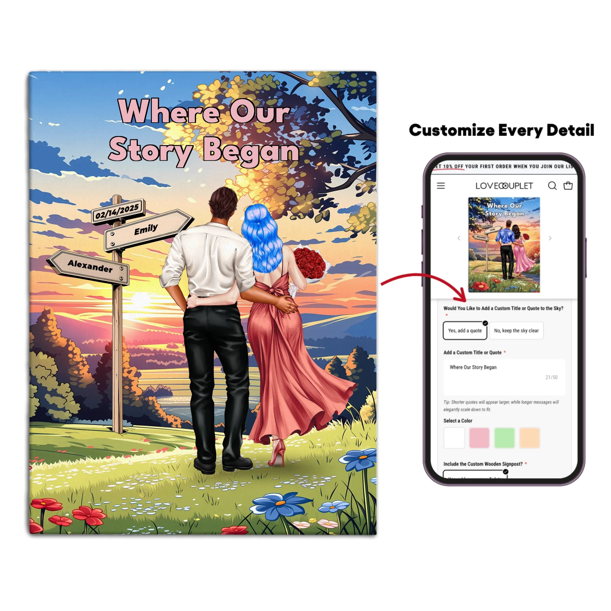 Where Our Story Began personalized couple canvas of two people standing together at sunset with a custom title above them, names and date on a wooden signpost, and personalized characters — LOVECOUPLET
