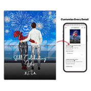 Still Celebrating Us personalized couple canvas of two people standing together on a balcony watching fireworks over the ocean, with a custom quote and heartbeat initials monogram below — LOVECOUPLET