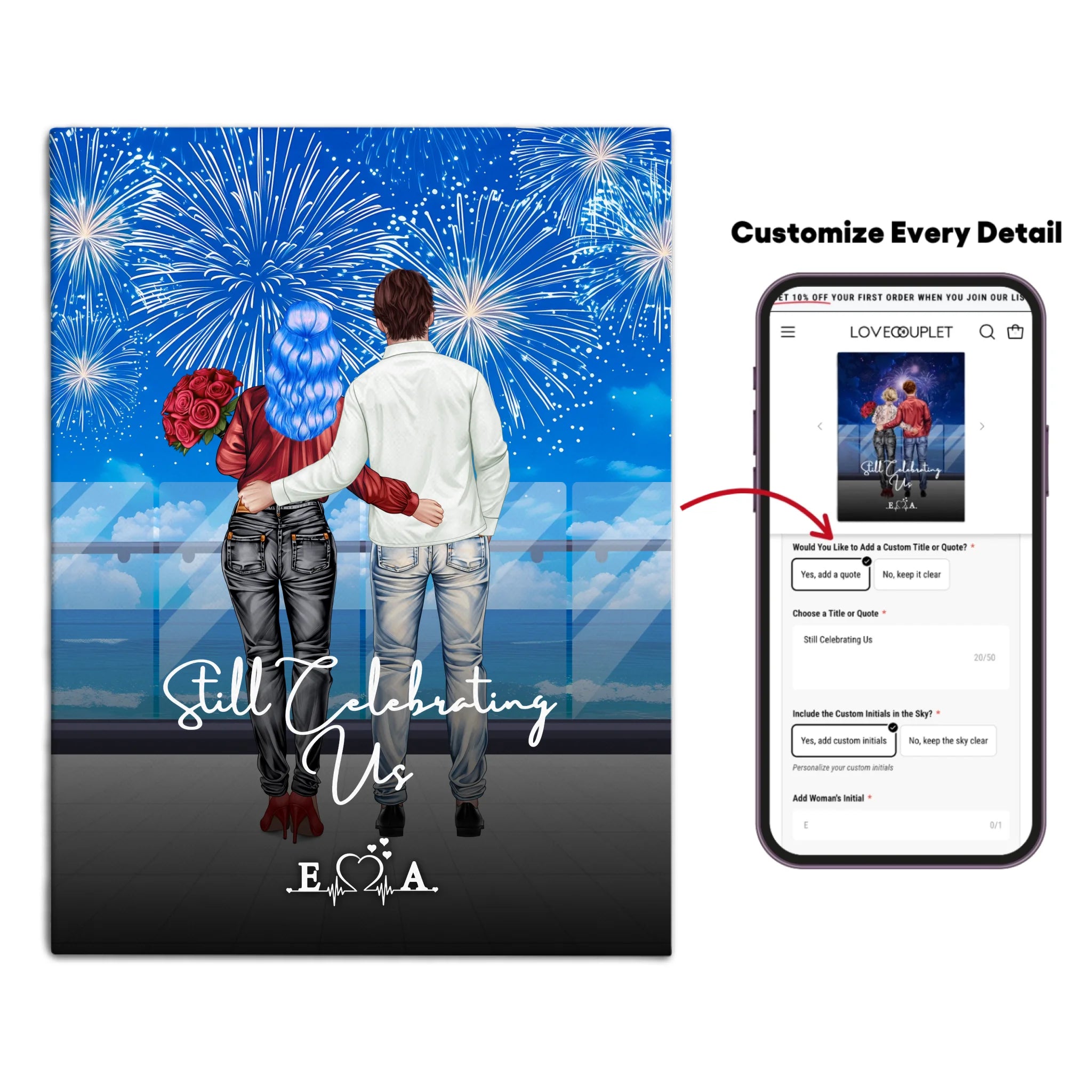 Still Celebrating Us personalized couple canvas of two people standing together on a balcony watching fireworks over the ocean, with a custom quote and heartbeat initials monogram below — LOVECOUPLET