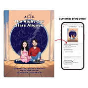 Personalized couple portrait canvas of two front-facing people sitting together indoors beneath a custom star map, with customizable facial features, adult and senior couple options, and optional location name, date, and GPS coordinates — LOVECOUPLET