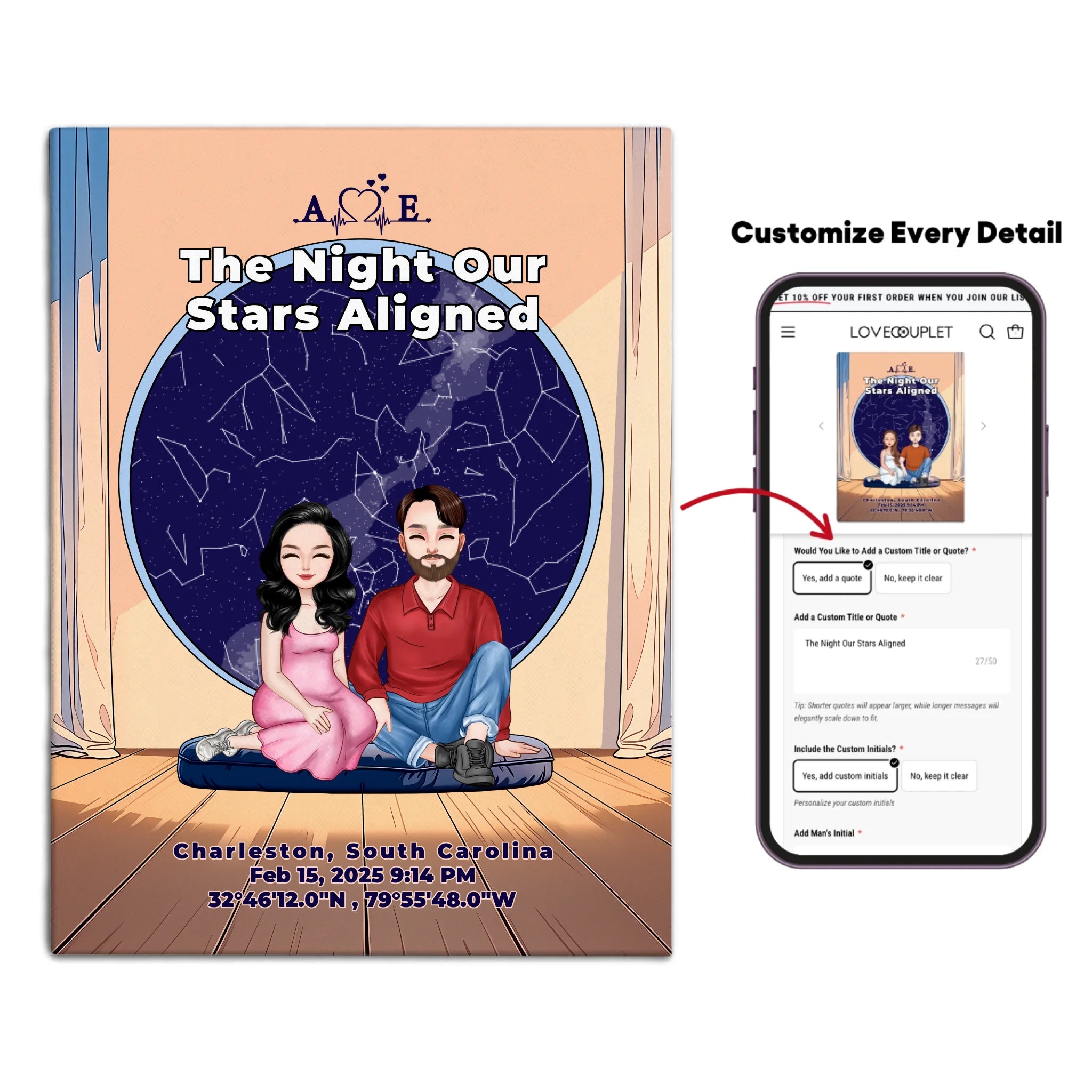 Personalized couple portrait canvas of two front-facing people sitting together indoors beneath a custom star map, with customizable facial features, adult and senior couple options, and optional location name, date, and GPS coordinates — LOVECOUPLET