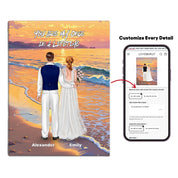 Once in a Lifetime personalized wedding couple canvas of two people standing together on a golden beach at sunset, with a custom romantic quote above them, names displayed at the bottom, and personalized wedding characters — LOVECOUPLET