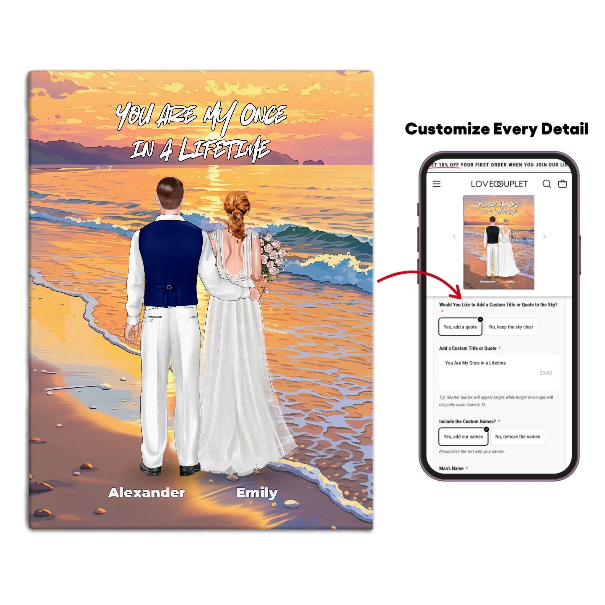 Once in a Lifetime personalized wedding couple canvas of two people standing together on a golden beach at sunset, with a custom romantic quote above them, names displayed at the bottom, and personalized wedding characters — LOVECOUPLET