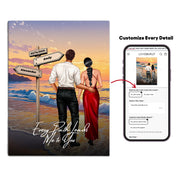 Every Path Leads Me to You personalized couple canvas of two people standing together on a beach at sunset, with custom names and date on a wooden signpost, a custom romantic quote below, and personalized characters — LOVECOUPLET
