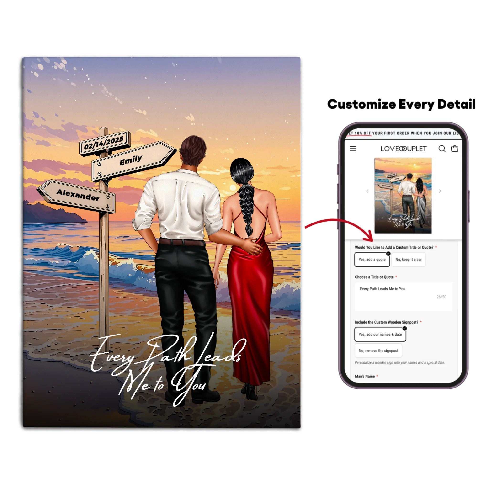 Every Path Leads Me to You personalized couple canvas of two people standing together on a beach at sunset, with custom names and date on a wooden signpost, a custom romantic quote below, and personalized characters — LOVECOUPLET