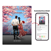 You & Me Always personalized couple canvas of two people standing together beneath blooming pink flowers, with a custom title, handwritten names, date, and personalized characters — LOVECOUPLET