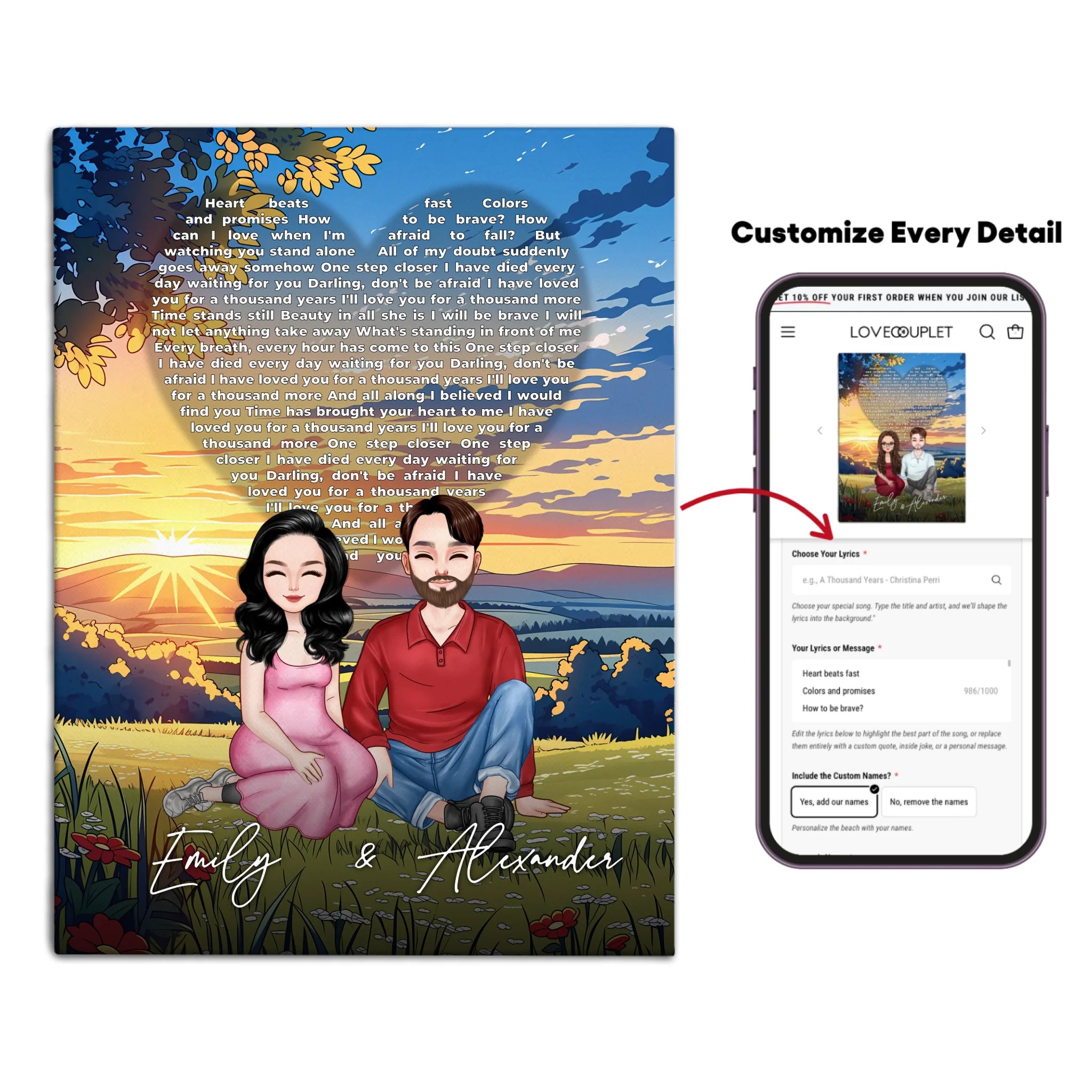 All Along It Was You personalized couple portrait canvas of two front-facing people sitting together in a golden meadow at sunset, with custom lyrics shaped into a heart above them and their names displayed at the bottom — LOVECOUPLET