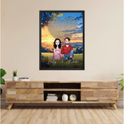 All Along It Was You personalized couple portrait framed canvas of two front-facing people sitting together in a golden meadow at sunset, with custom lyrics shaped into a heart above them and their names displayed at the bottom — LOVECOUPLET