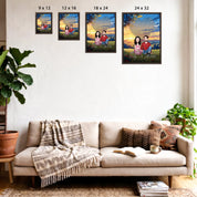 All Along It Was You personalized couple portrait framed canvas of two front-facing people sitting together in a golden meadow at sunset, with custom lyrics shaped into a heart above them and their names displayed at the bottom — LOVECOUPLET