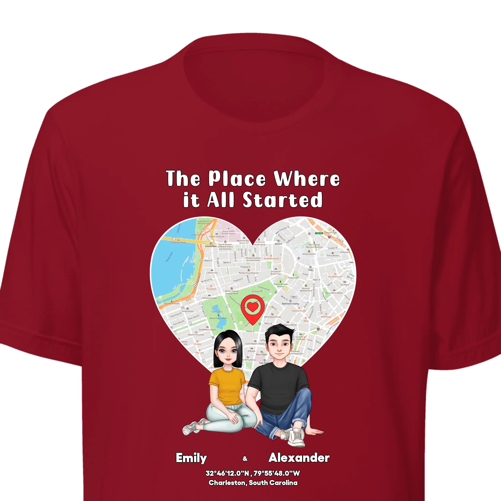 Where It All Began — Personalized Couple Portraits with Custom Location Map Unisex T-Shirt