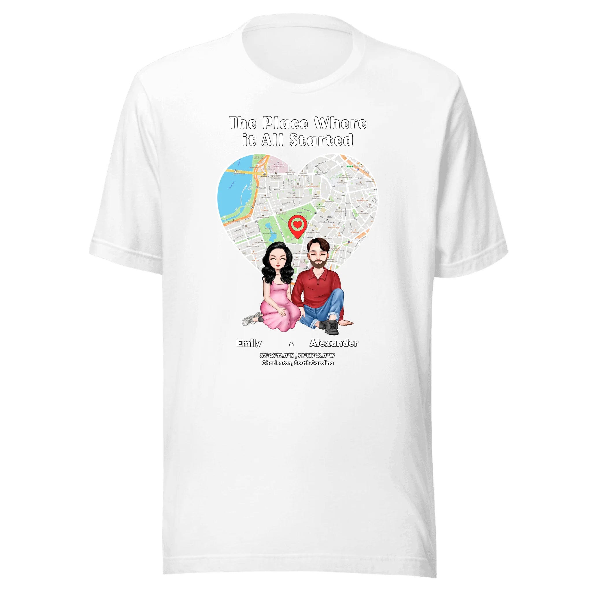 Where It All Began — Personalized Couple Portraits with Custom Location Map Unisex T-Shirt | LOVECOUPLET