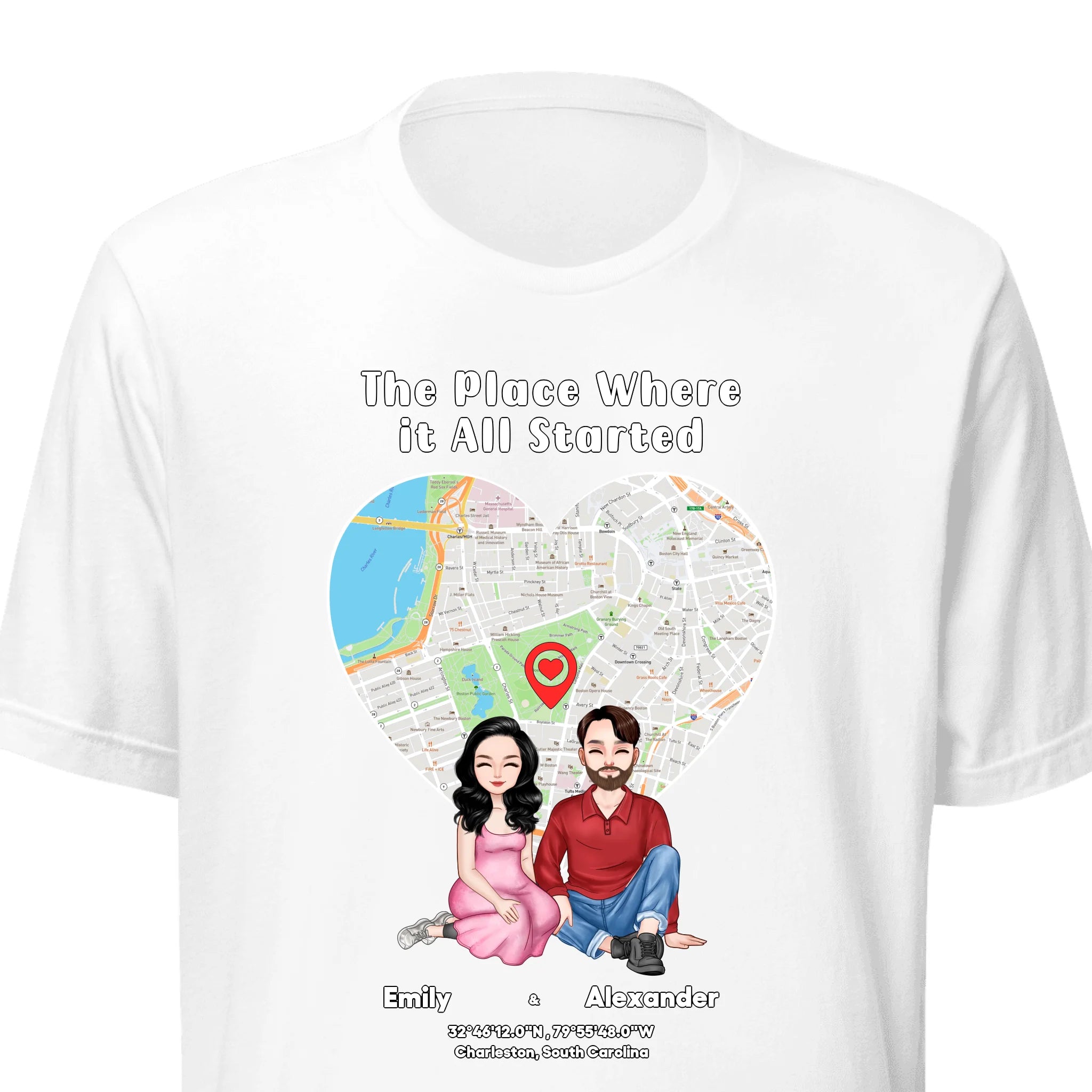 Where It All Began — Personalized Couple Portraits with Custom Location Map Unisex T-Shirt | LOVECOUPLET