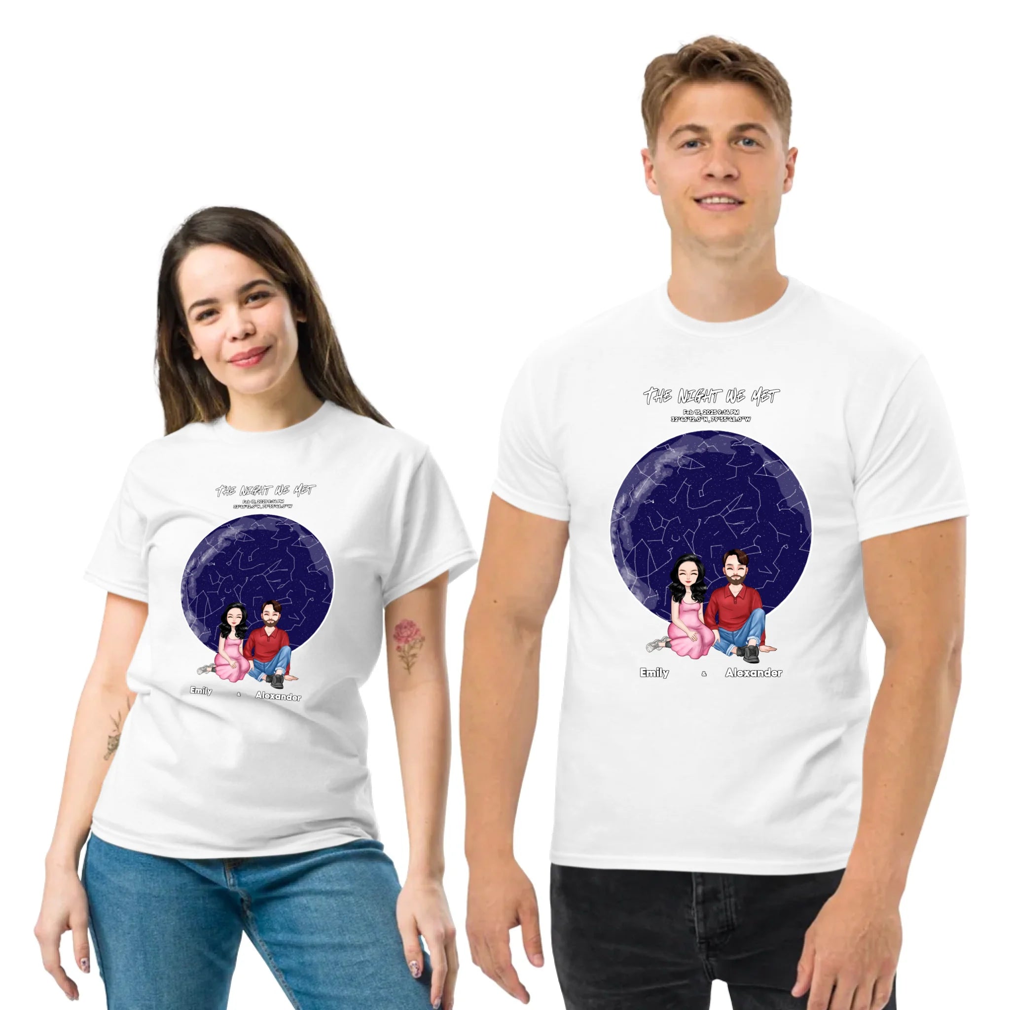 The Night We Met — Personalized Couple Portraits with Custom Star Map Unisex T-Shirt | LOVECOUPLET