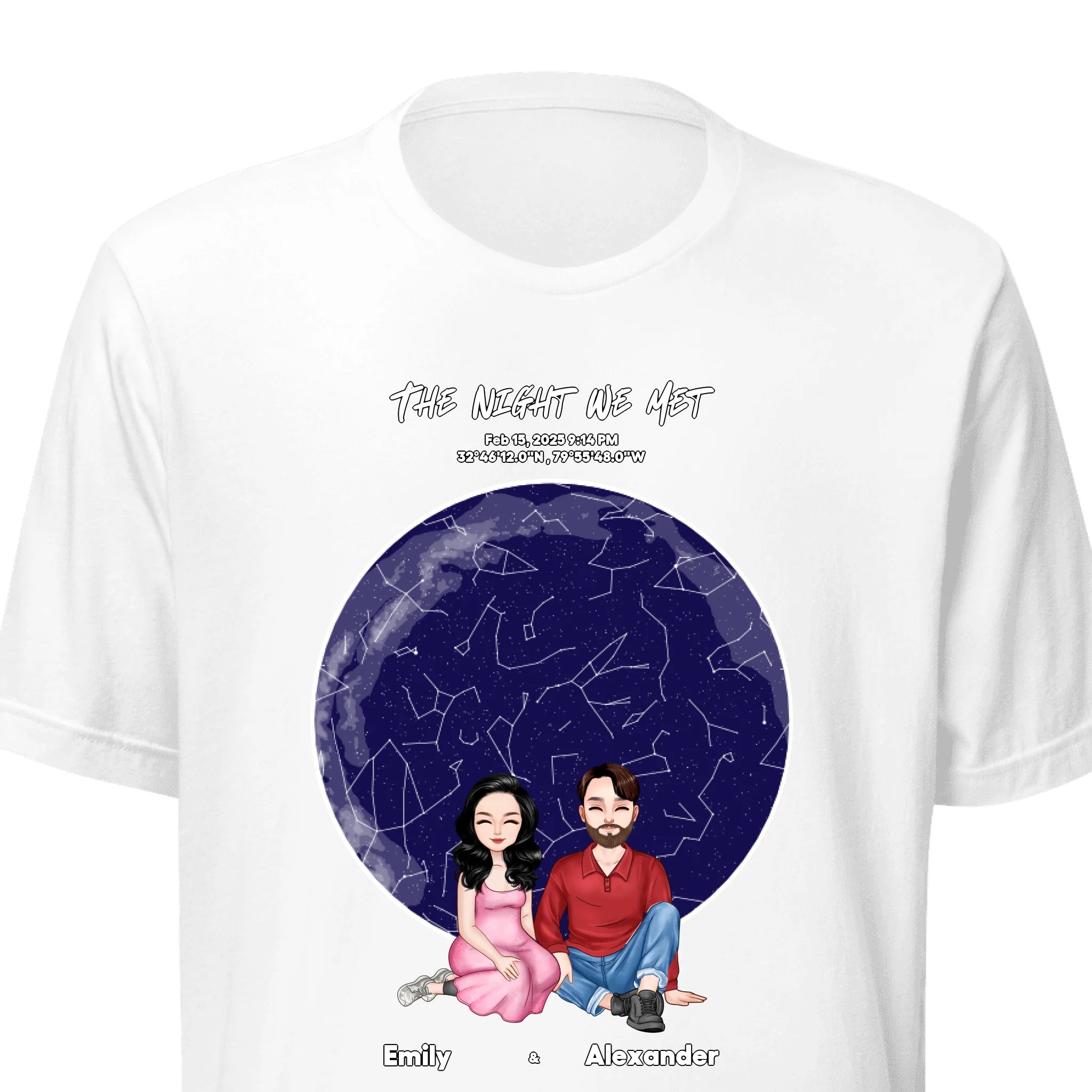 The Night We Met — Personalized Couple Portraits with Custom Star Map Unisex T-Shirt | LOVECOUPLET