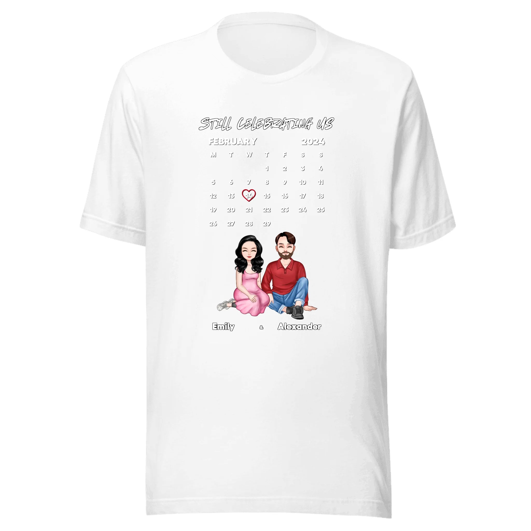 Still Celebrating Us — Personalized Couple Portraits with Custom Date Calendar Unisex T-Shirt | LOVECOUPLET