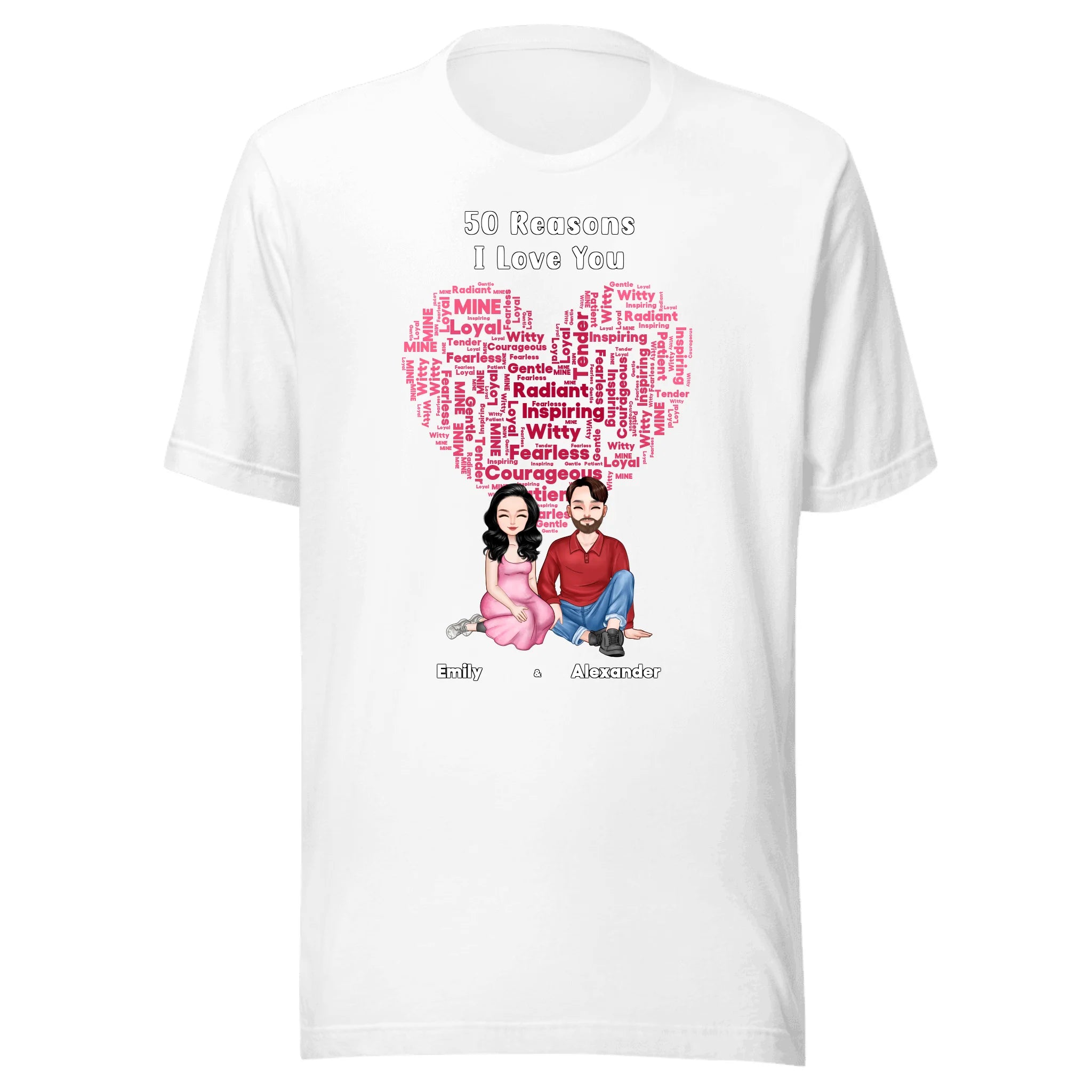 50 Reasons I Love You — Personalized Couple Portraits with Custom Heart-Shaped Word Cloud Unisex T-Shirt | LOVECOUPLET