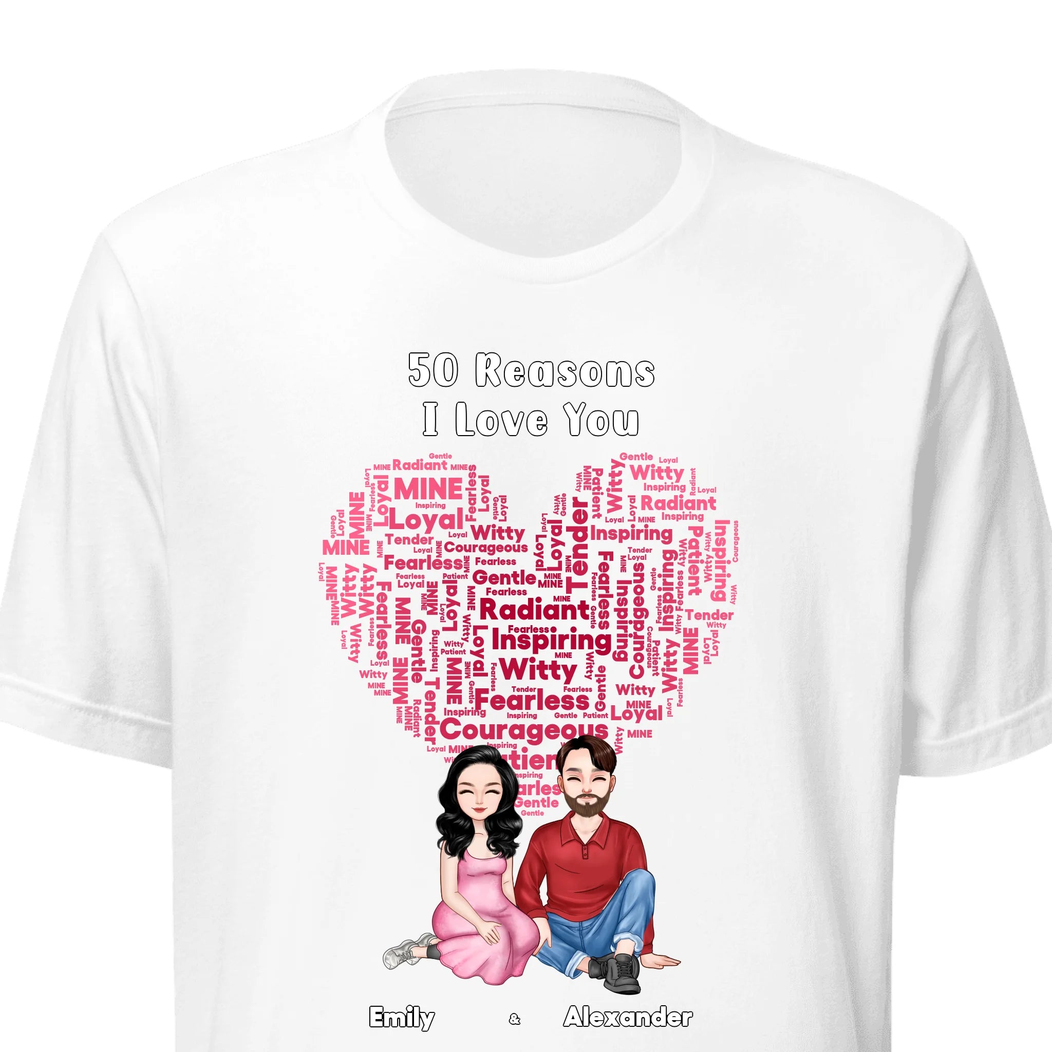 50 Reasons I Love You — Personalized Couple Portraits with Custom Heart-Shaped Word Cloud Unisex T-Shirt | LOVECOUPLET