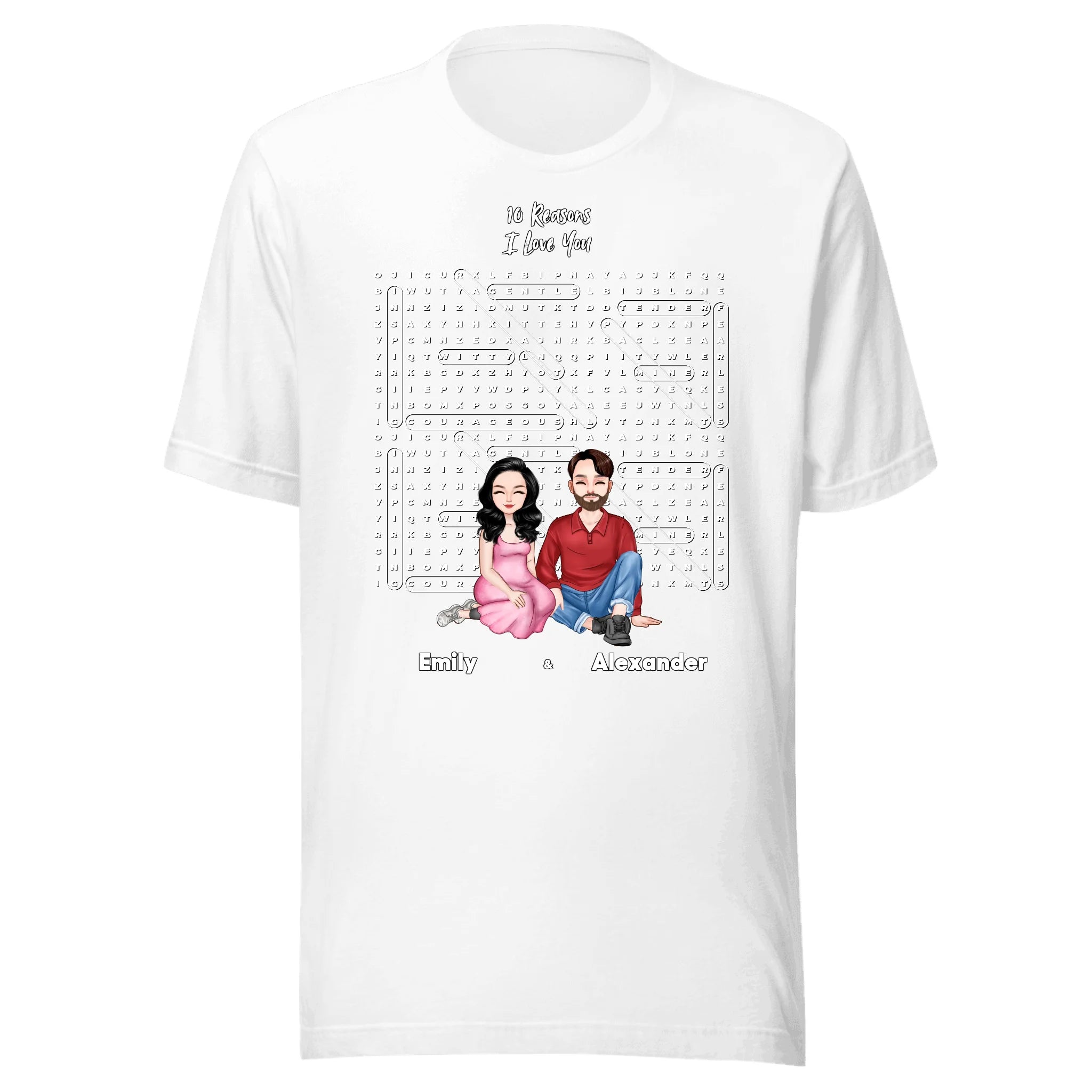 10 Reasons I Love You — Personalized Couple Portraits with Custom Word Search Unisex T-Shirt | LOVECOUPLET