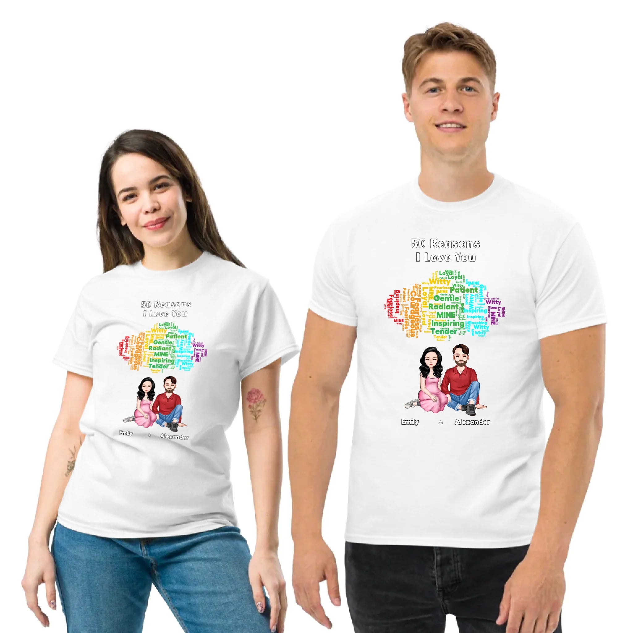 50 Reasons I Love You — Personalized Couple Portraits with Custom Rainbow Word Cloud Unisex T-Shirt | LOVECOUPLET