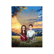 All Along It Was You personalized couple portrait canvas of two front-facing people sitting together in a golden meadow at sunset, with custom lyrics shaped into a heart above them and their names displayed at the bottom — LOVECOUPLET