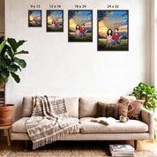 All Along It Was You personalized couple portrait framed canvas of two front-facing people sitting together in a golden meadow at sunset, with custom lyrics shaped into a heart above them and their names displayed at the bottom — LOVECOUPLET