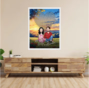 All Along It Was You personalized couple portrait framed canvas of two front-facing people sitting together in a golden meadow at sunset, with custom lyrics shaped into a heart above them and their names displayed at the bottom — LOVECOUPLET