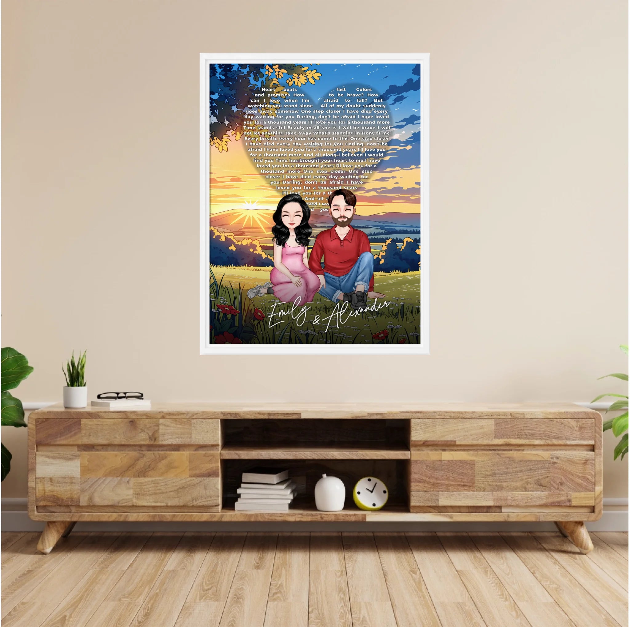 All Along It Was You personalized couple portrait framed canvas of two front-facing people sitting together in a golden meadow at sunset, with custom lyrics shaped into a heart above them and their names displayed at the bottom — LOVECOUPLET