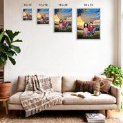 All Along It Was You personalized couple portrait framed canvas of two front-facing people sitting together in a golden meadow at sunset, with custom lyrics shaped into a heart above them and their names displayed at the bottom — LOVECOUPLET