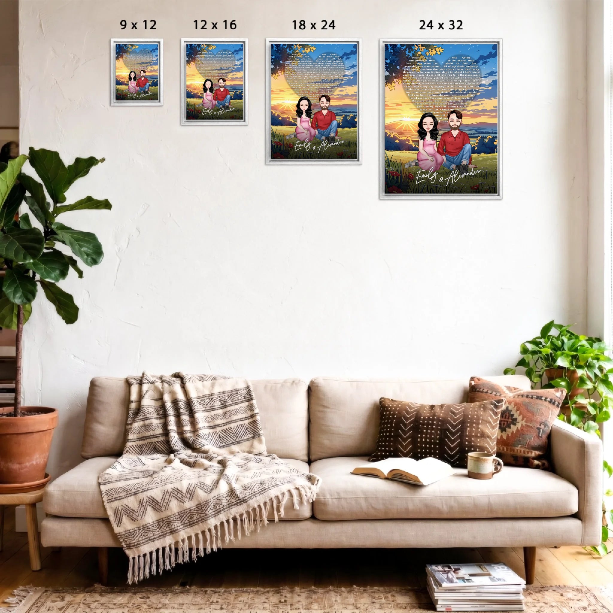 All Along It Was You personalized couple portrait framed canvas of two front-facing people sitting together in a golden meadow at sunset, with custom lyrics shaped into a heart above them and their names displayed at the bottom — LOVECOUPLET