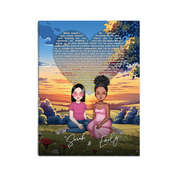 All Along It Was You personalized lesbian couple portrait canvas of two front-facing people sitting together in a golden meadow at sunset, with custom lyrics shaped into a heart above them and their names displayed at the bottom — LOVECOUPLET