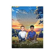 All Along It Was You personalized gay couple portrait canvas of two front-facing people sitting together in a golden meadow at sunset, with custom lyrics shaped into a heart above them and their names displayed at the bottom — LOVECOUPLET