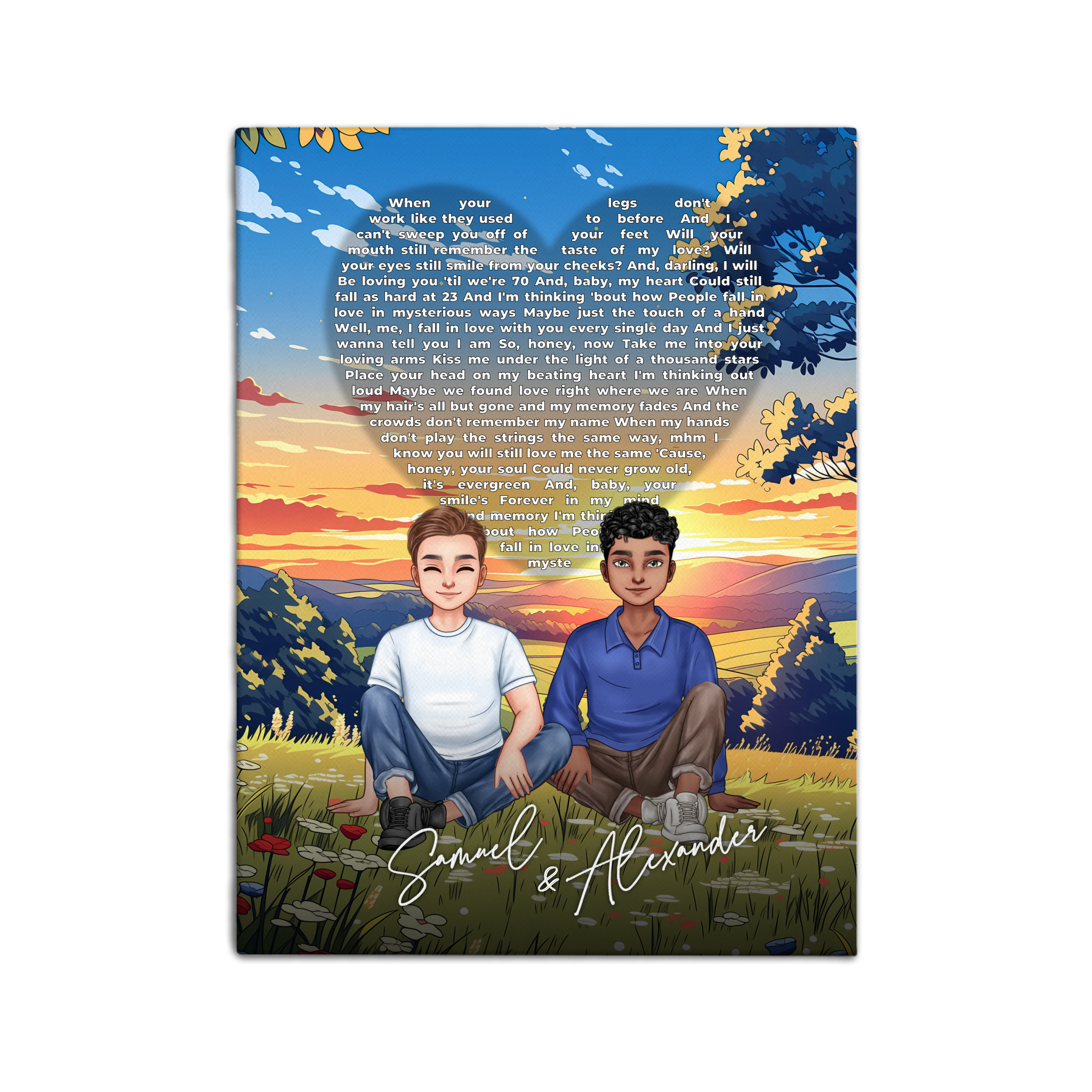 All Along It Was You personalized gay couple portrait canvas of two front-facing people sitting together in a golden meadow at sunset, with custom lyrics shaped into a heart above them and their names displayed at the bottom — LOVECOUPLET