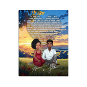 All Along It Was You personalized couple portrait canvas of two front-facing people sitting together in a golden meadow at sunset, with custom lyrics shaped into a heart above them and their names displayed at the bottom — LOVECOUPLET