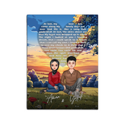 All Along It Was You personalized muslim couple portrait canvas of two front-facing people sitting together in a golden meadow at sunset, with custom lyrics shaped into a heart above them and their names displayed at the bottom — LOVECOUPLET