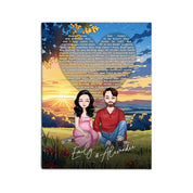 All Along It Was You personalized couple portrait canvas of two front-facing people sitting together in a golden meadow at sunset, with custom lyrics shaped into a heart above them and their names displayed at the bottom — LOVECOUPLET