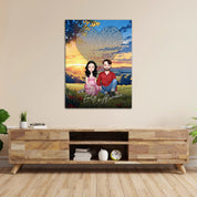All Along It Was You personalized couple portrait canvas of two front-facing people sitting together in a golden meadow at sunset, with custom lyrics shaped into a heart above them and their names displayed at the bottom — LOVECOUPLET