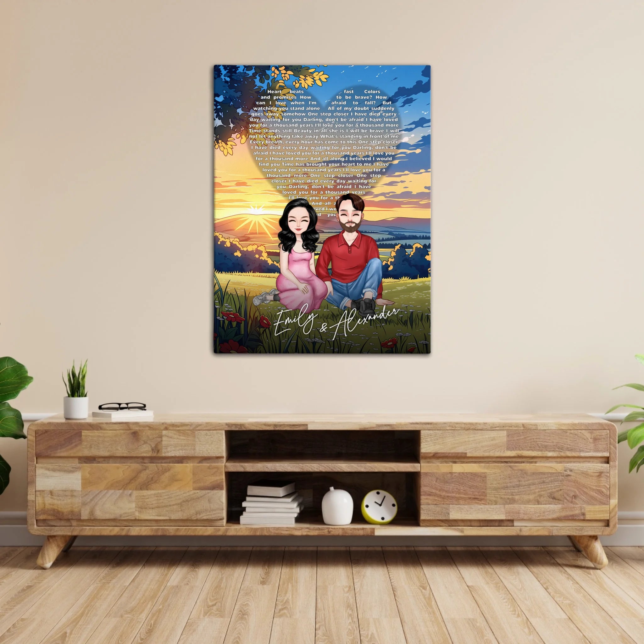 All Along It Was You personalized couple portrait canvas of two front-facing people sitting together in a golden meadow at sunset, with custom lyrics shaped into a heart above them and their names displayed at the bottom — LOVECOUPLET