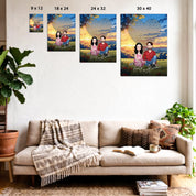 All Along It Was You personalized couple portrait canvas of two front-facing people sitting together in a golden meadow at sunset, with custom lyrics shaped into a heart above them and their names displayed at the bottom — LOVECOUPLET